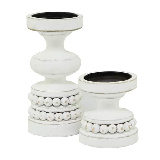 White Wood Beaded Pillar Candle Holder Set